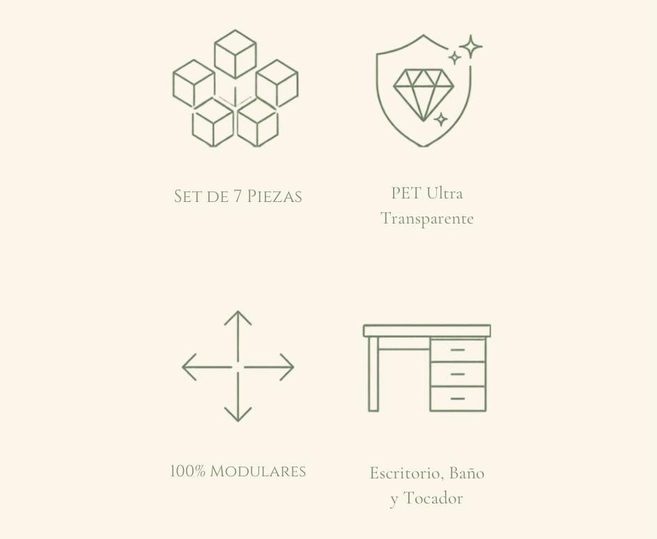 Siete piezas modulares de PET transparente para cajones, escritorio, baño y tocador